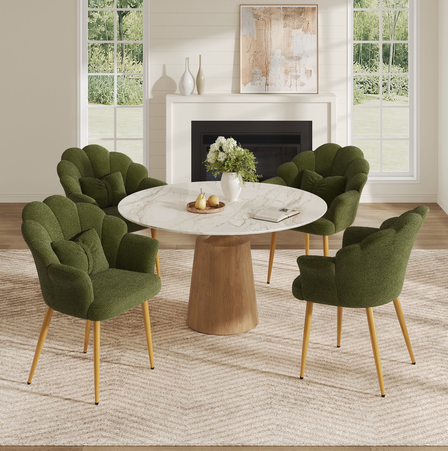 COVREO Eetkamerstoel set van 4 – Kuipstoel met armleuningen – Zitmeubel voor eetkamer – 64x65,5x85 cm – Groen