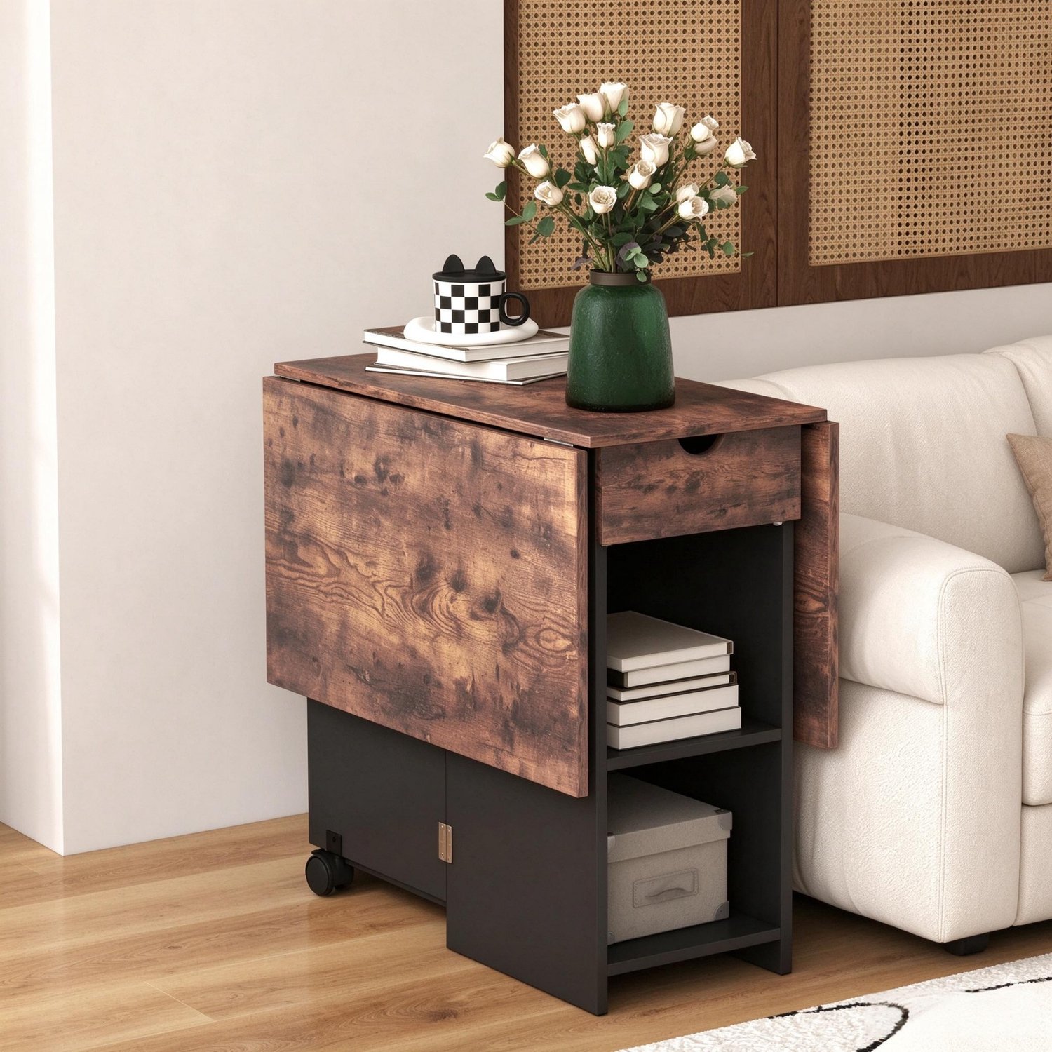 SONNENH Klapbare eettafel met lade, 2 legplanken en wielen - 120 cm - Rustiek bruin en zwart