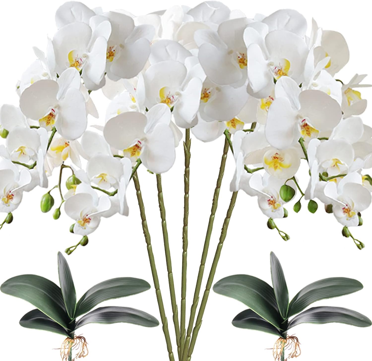 HinyoCo 5pcs Artificial Phalaenopsis Flowers & 2 Bundle Leaves Artificial Orchid Flowers with 2 Bundles Leaves Stem - ShopVlot