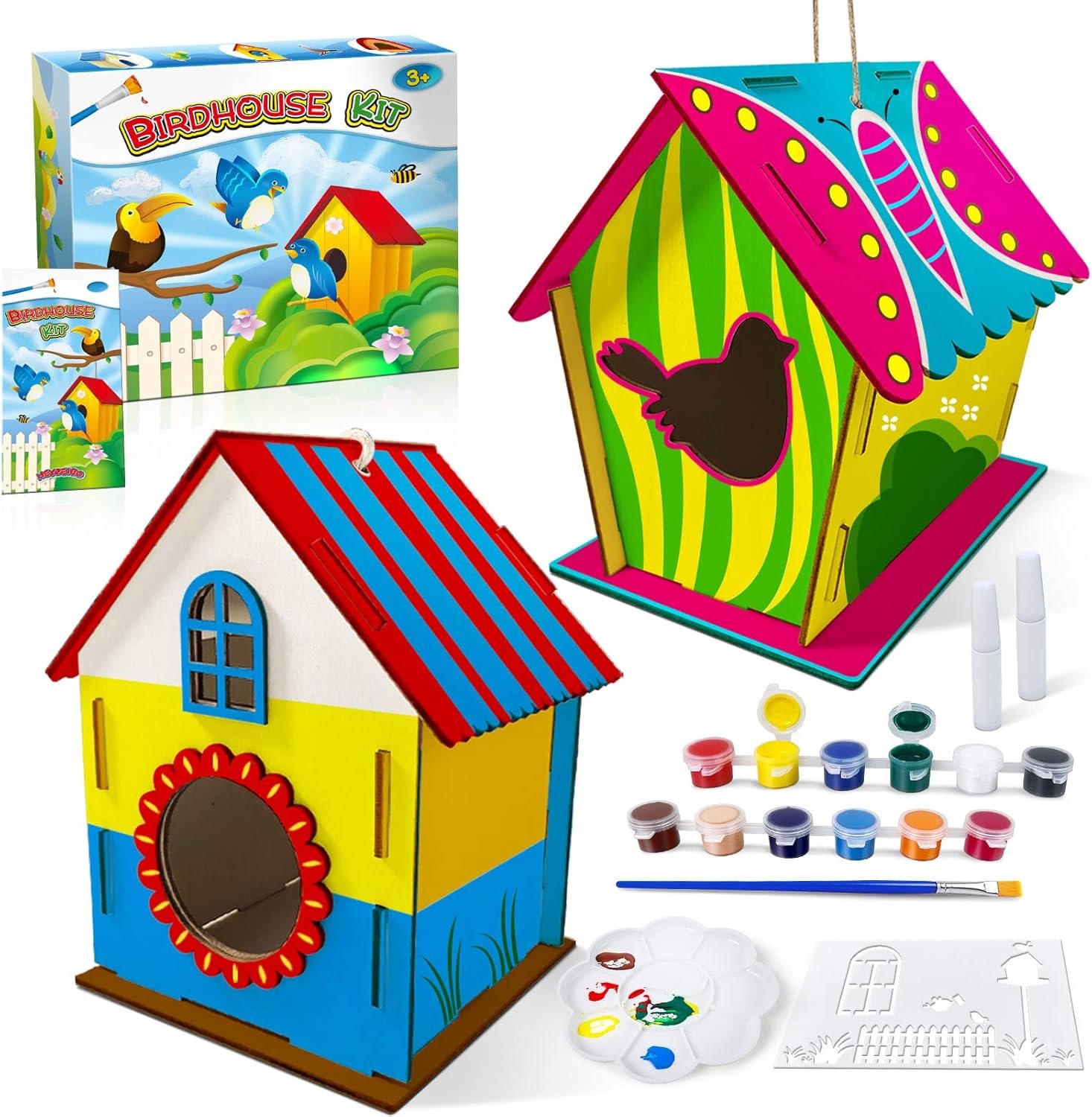 SnelShoppen - Creatieve Vogelhuisjes Set voor Kinderen - Knutselpakket met 2 Ongeassembleerde Nestkastjes, 12 Kleuren, Borstel, Palet, Perfect Paasges