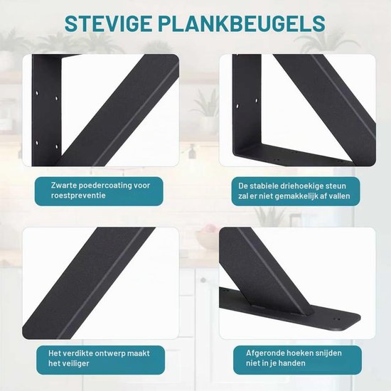Set van 2 Stevige Ondersteuningsbeugels voor Werkbladen, Wandmontage 203 x 152mm, Zwart, Ideaal voor Keuken en Meubelprojecten — afbeelding 2