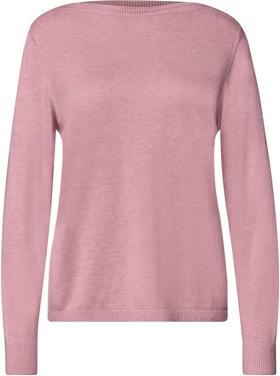 Roze trui met ronde hals en geribbelde boorden.