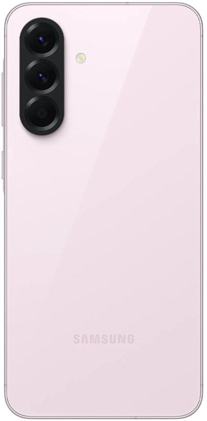 Achterzijde van een roze smartphone met drie cameralenzen en het woord Samsung onderaan.