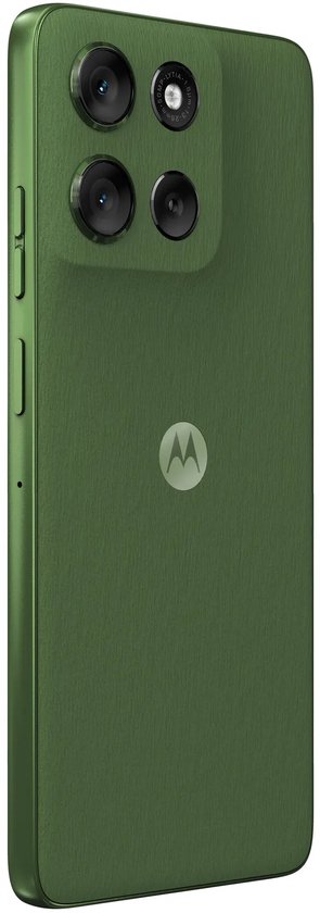 Achterkant van de groene Motorola smartphone met het Motorola-logo en een camerablok in dezelfde kleur.
