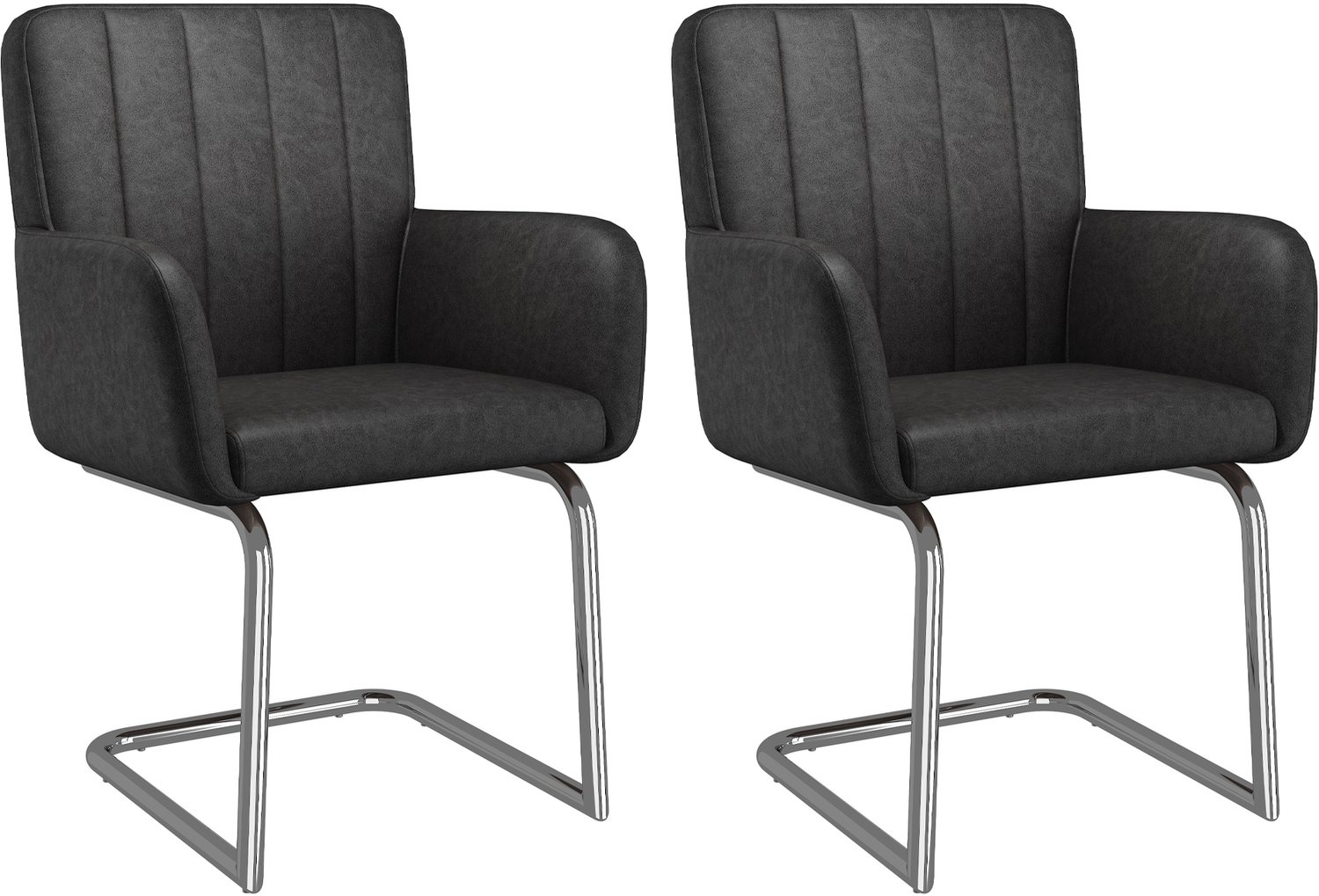 SONNENH Eetkamerstoelen set van 2 met zwart kunstleer, armleuningen en zilverkleurig Z-sledeframe Zwart en zilverkleurig