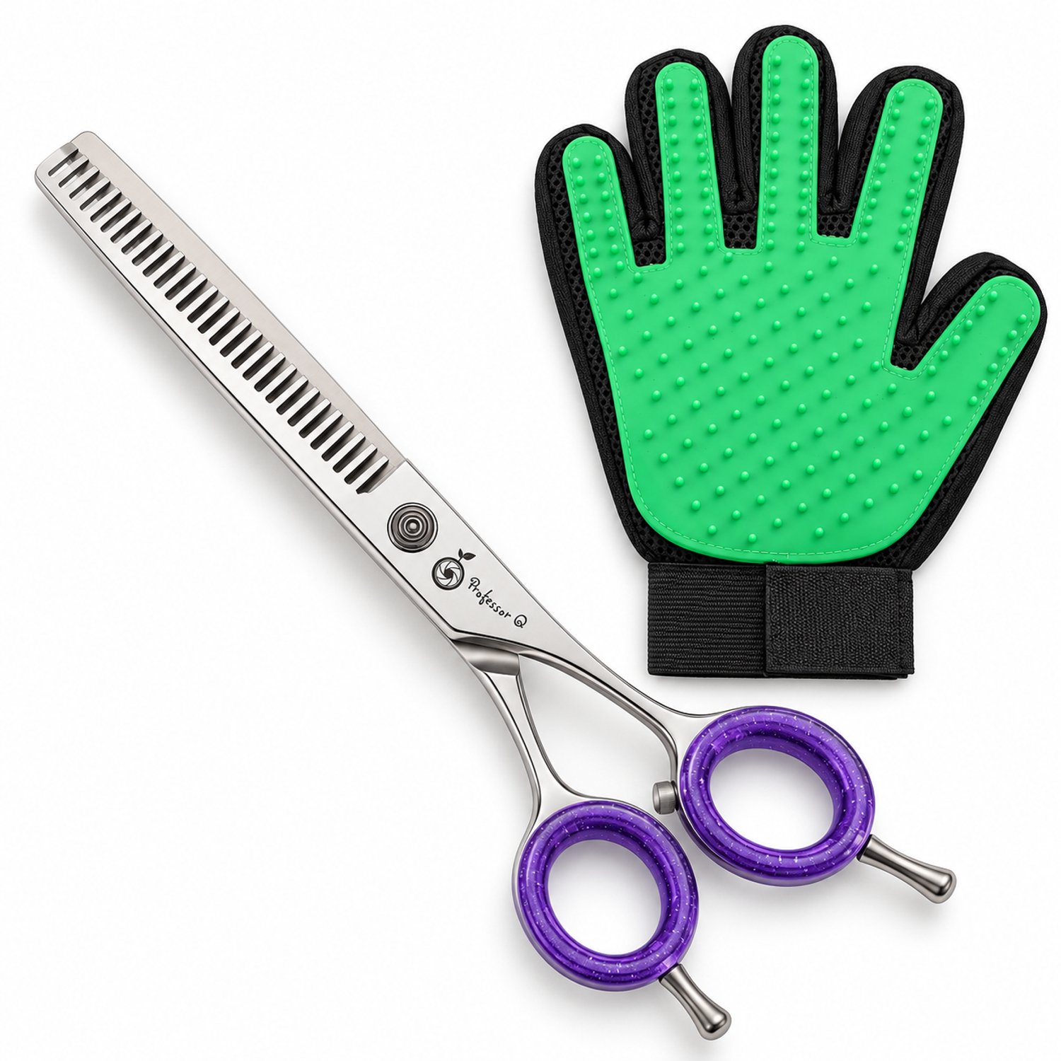 Professor Q Hondentrimset - Effileerschaar 17,5 cm Paars - Vachthandschoen Groen - 2-delig