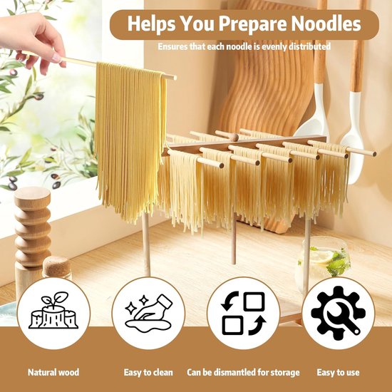 SnelShoppen - Pastadroger van Hout met 12 Uittrekbare Sporten - Spaghettidroger en Afneembaar Pastagerek voor Zelfgemaakte Italiaanse Pasta - Duurzaam — afbeelding 4