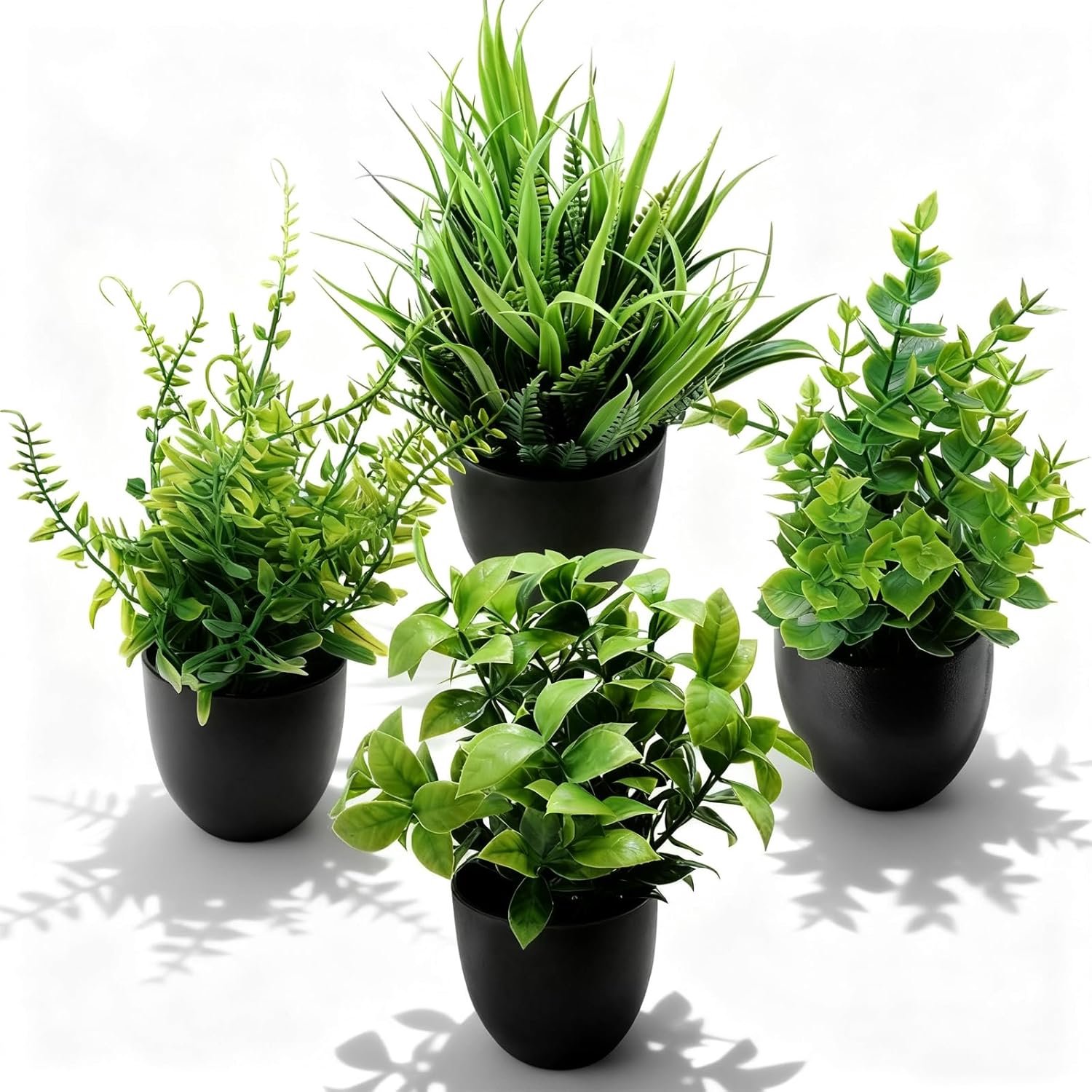 SnelShoppen - 4 Stuks Kunstplanten voor Binnen - Mini Decoratieve Planten met Witte Potten - Onderhoudsvriendelijk, Realistisch, Ideaal voor Keuken, S