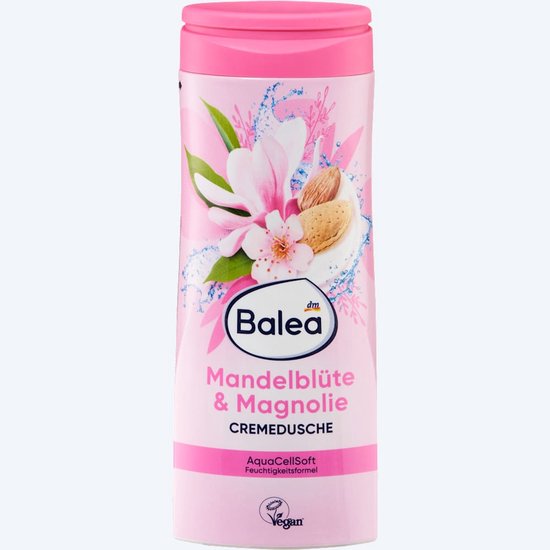 Roze fles Balea douchecrème met amandelbloesem, magnolia en hydraterende AquaCellSoft-formule.