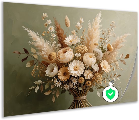 Schuine weergave van een poster met een boeket droogbloemen en een groen schildje met een vinkje.