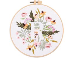SnelShoppen - Abillyn Borduurset Beginners Engelse Letter R met Bloemen - Geprinte Patroon Cross Stitch Borduurkit 20cm - Compleet met Draad, Hoepel e