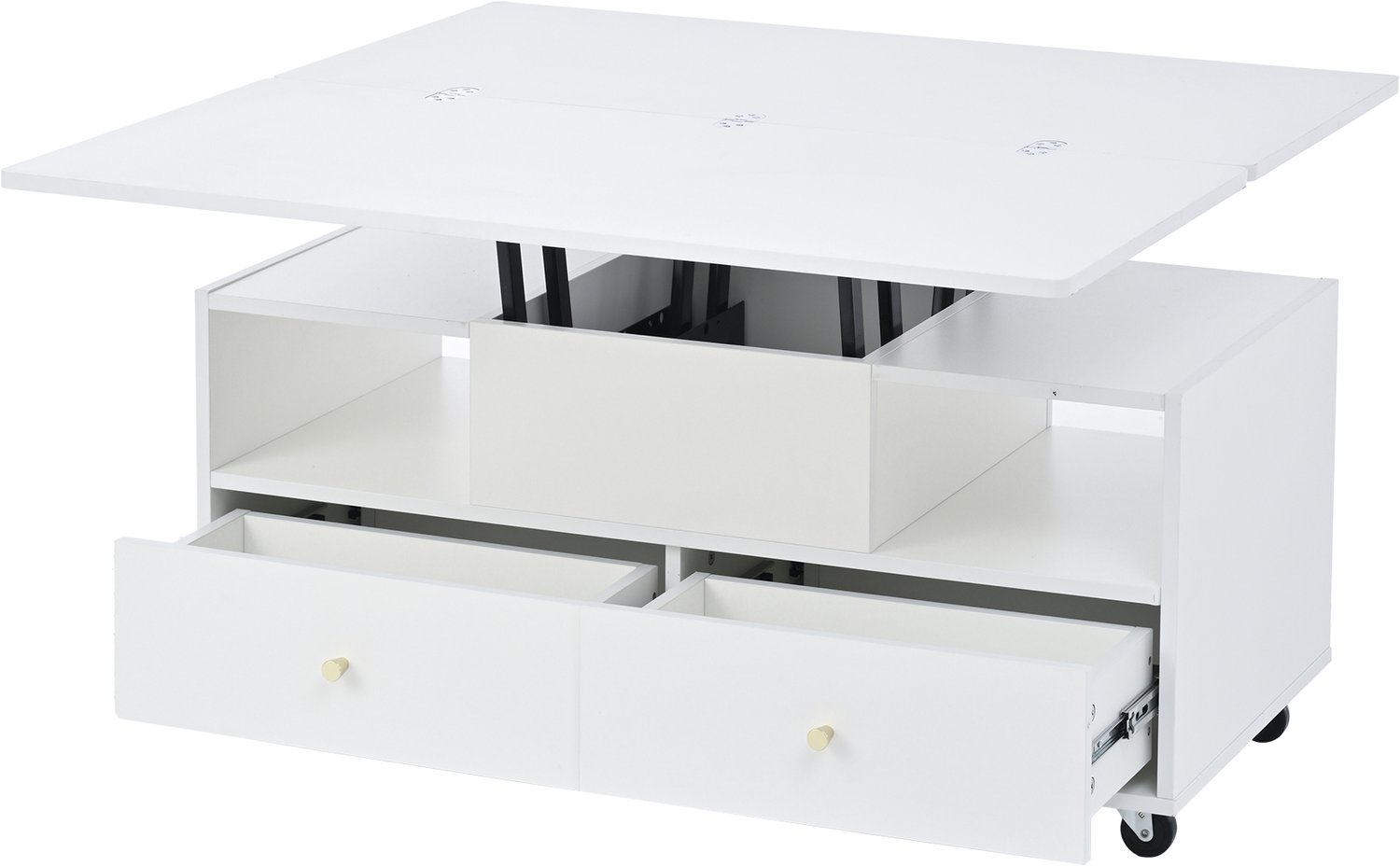 SONNENH Salontafel met lift-top en uitklapbaar blad - 4 laden en wielen - 100 cm - Wit
