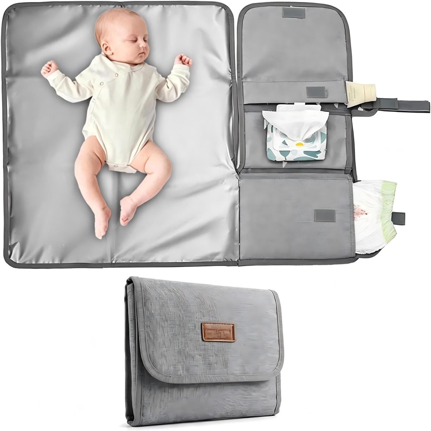 Draagbare Waterdichte Verschoonmat, Vouwbaar met Opbergvakken, Katoenen Reisverschoonmat voor Baby's, Wasbaar en Perfect als Kraamcadeau (Grijs)