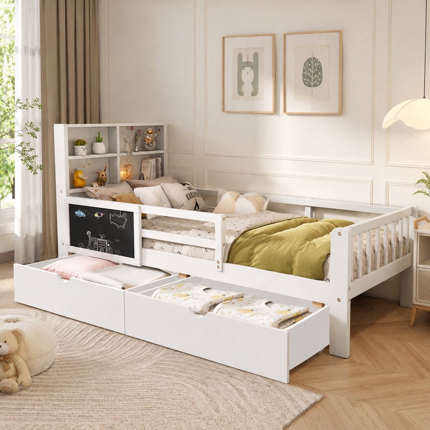 Welltin Kinderbed 90x200 cm - Eenpersoonsbed - Multifunctioneel bed - Opbergbed - Vloerbed - Met veiligheidsreling - Met lades - Veilig en comfortabel -Wit