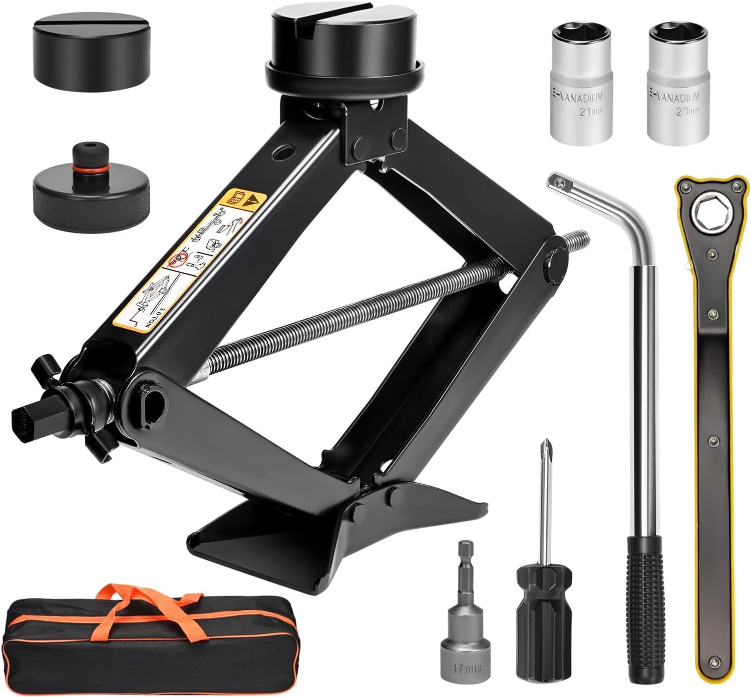 3 Ton Car Scissors Jack Kit with Electric Drill Adapter - Includes Lock Keys, Rubber Pads, Ratchet and Storage Bag for - ShopVlot