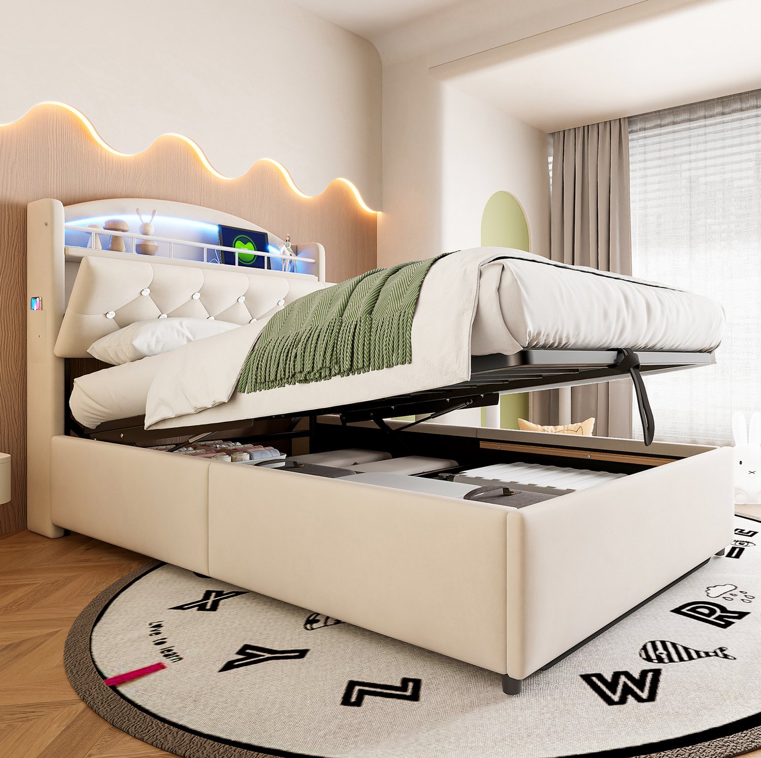 Maisentiel Beige kinderbed 90 x 200 cm met opbergruimte, ledverlichting en USB