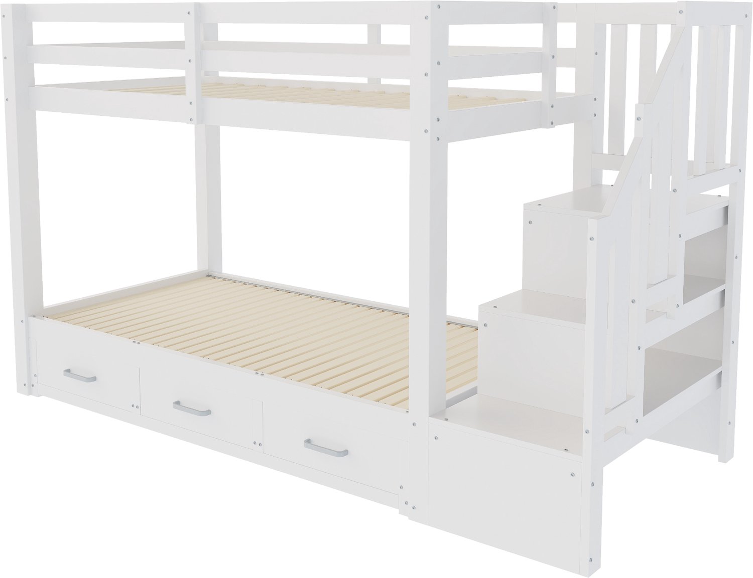 MUVANO Wit houten stapelbed 90 x 200 cm - Uitschuifbaar onderbed 90/180 x 190 cm - Met opbergtrap, drie opbergladen en lattenbodem - Voor logees