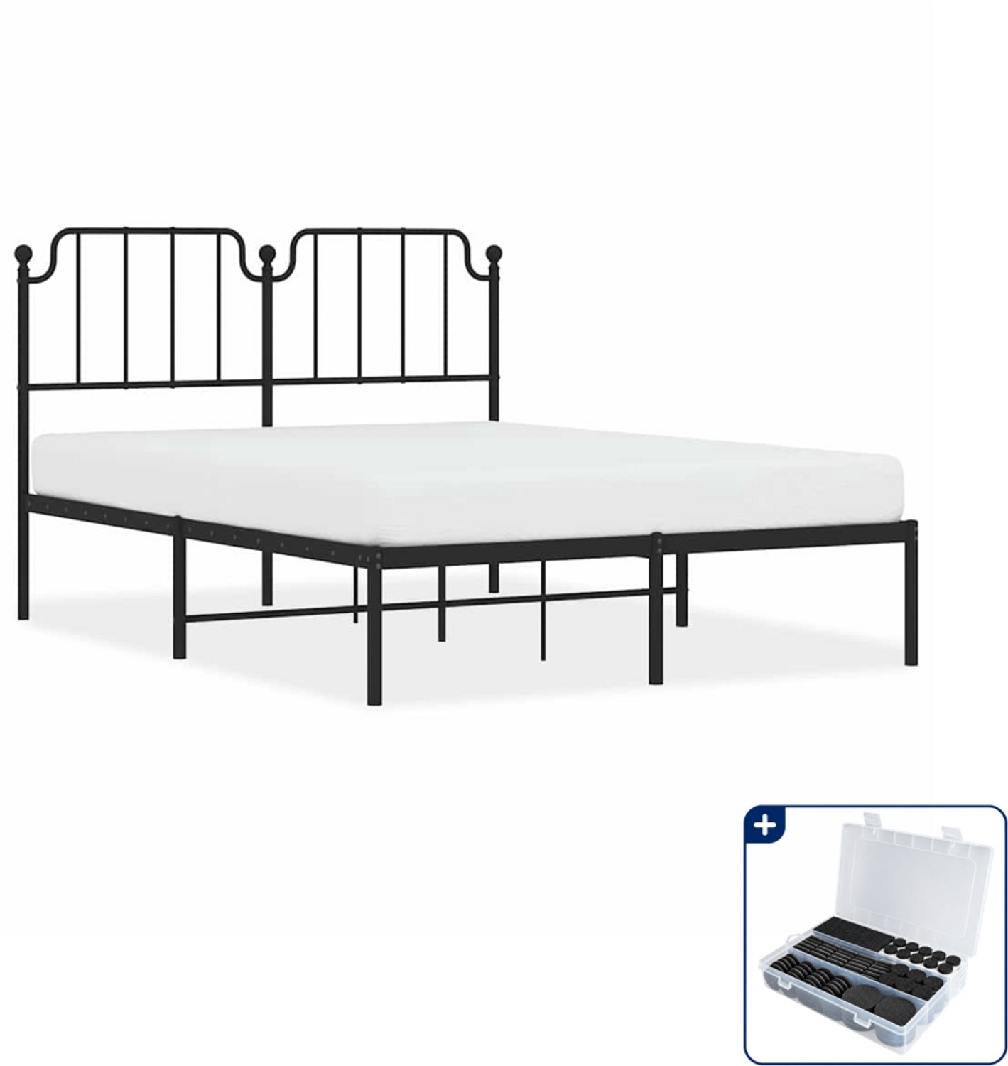 vidaXL bedframe met hoofdbord - 135 x 190 cm - staal - zwart - Inclusief antikrasvilt 177-delig