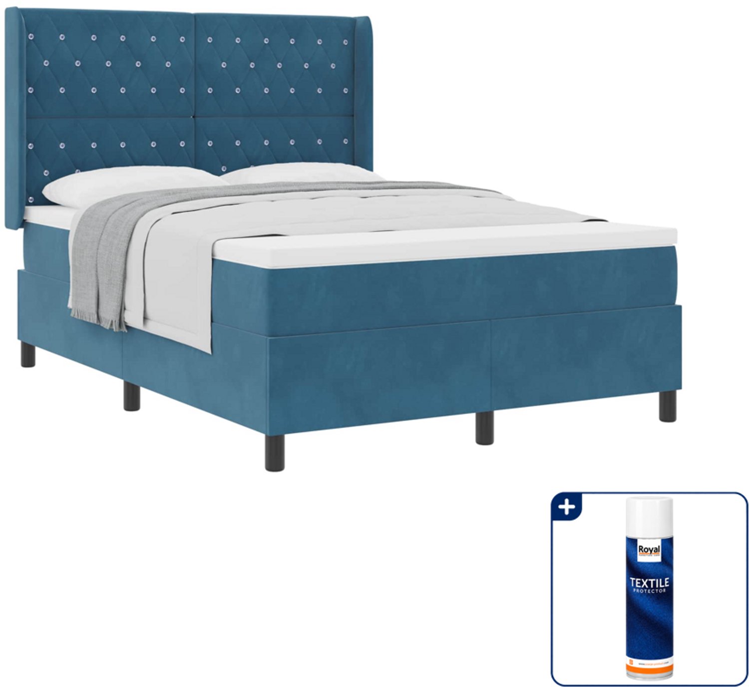 vidaXL boxspringbed - Small double 140 x 200 cm - blauw - Inclusief textielbeschermer 500 ml