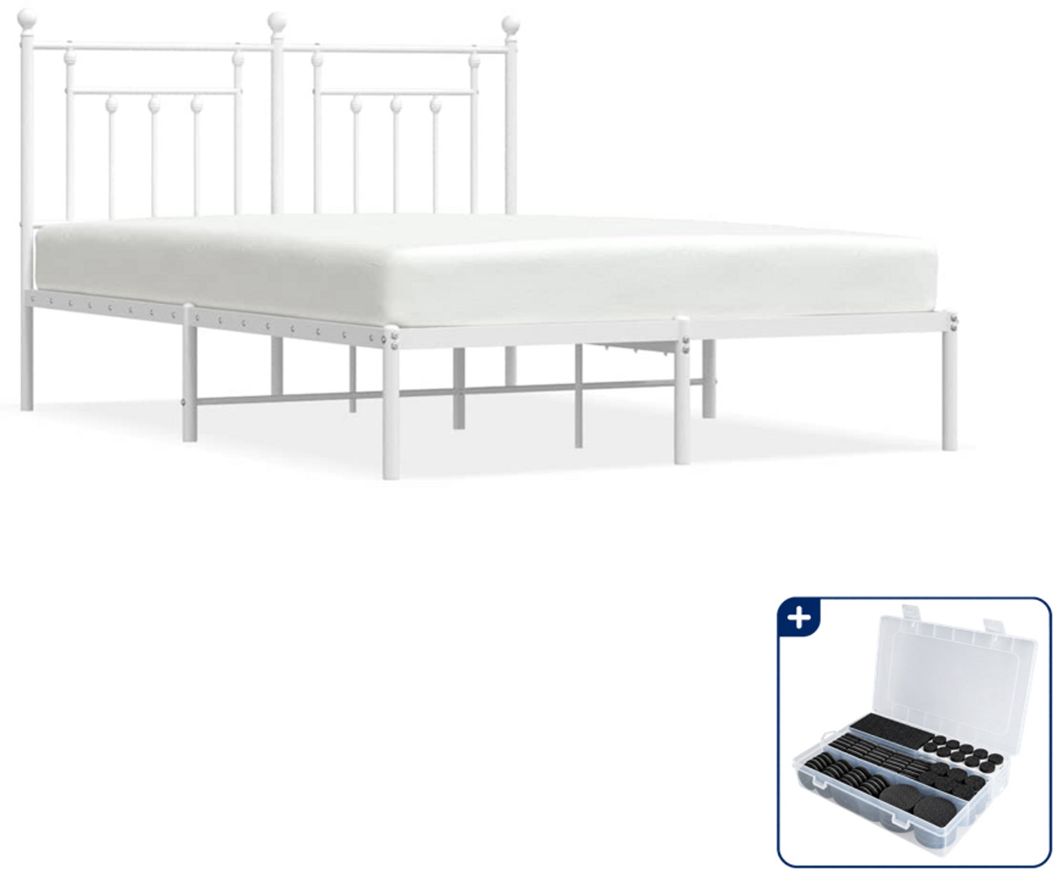 vidaXL bedframe met hoofdbord - 150 x 200 cm - metaal - wit - Inclusief antikrasvilt 177-delig