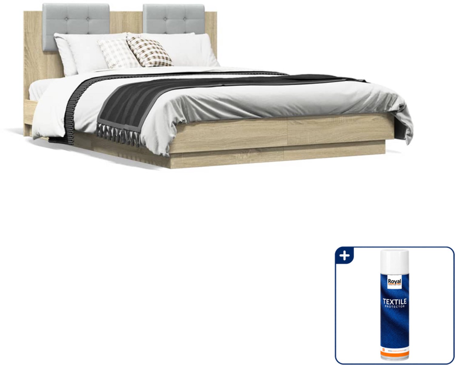 vidaXL bedframe met hoofdeinde - 120 x 190 cm - bewerkt hout - sonoma eiken - Inclusief textielbeschermer 500 ml Bruin