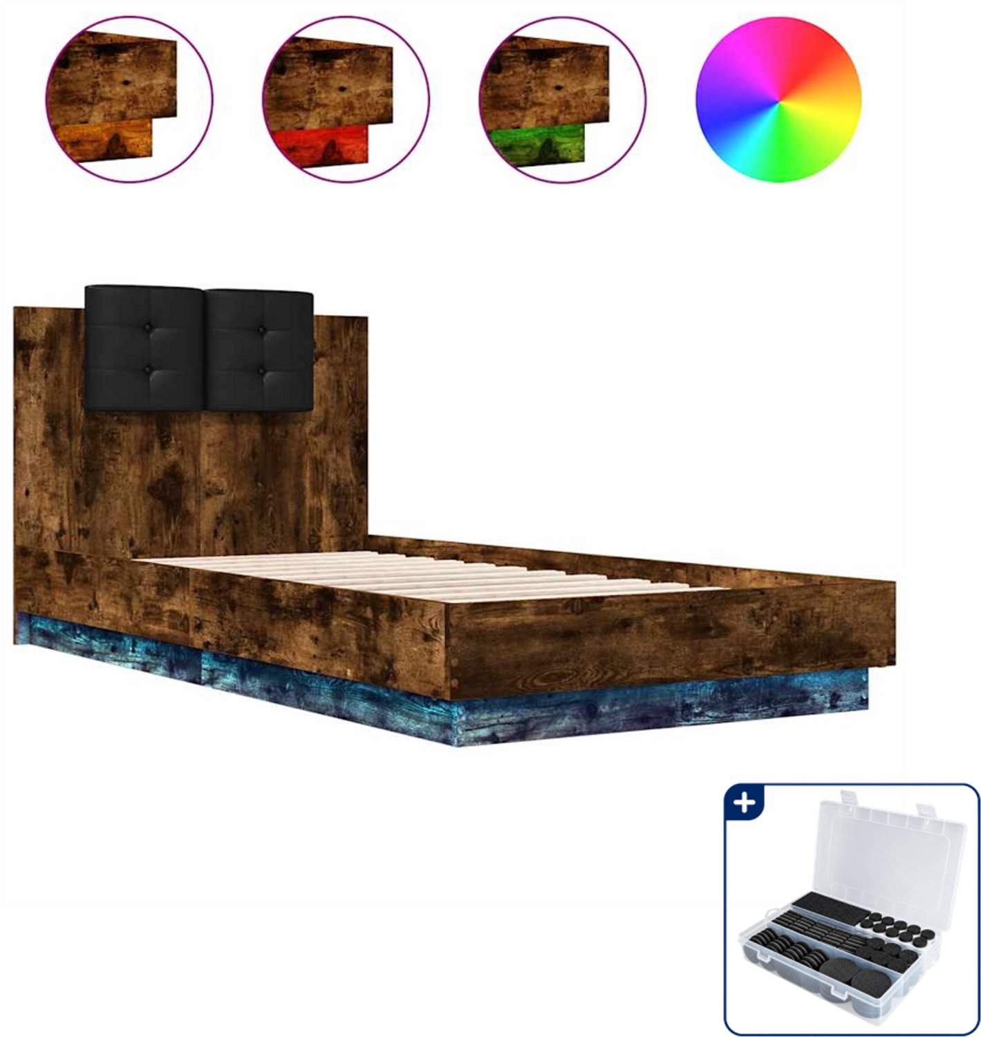 vidaXL bedframe met LED - 90 x 190 cm - bewerkt hout - gerookt eiken - Inclusief antikrasvilt 177-delig Grijs