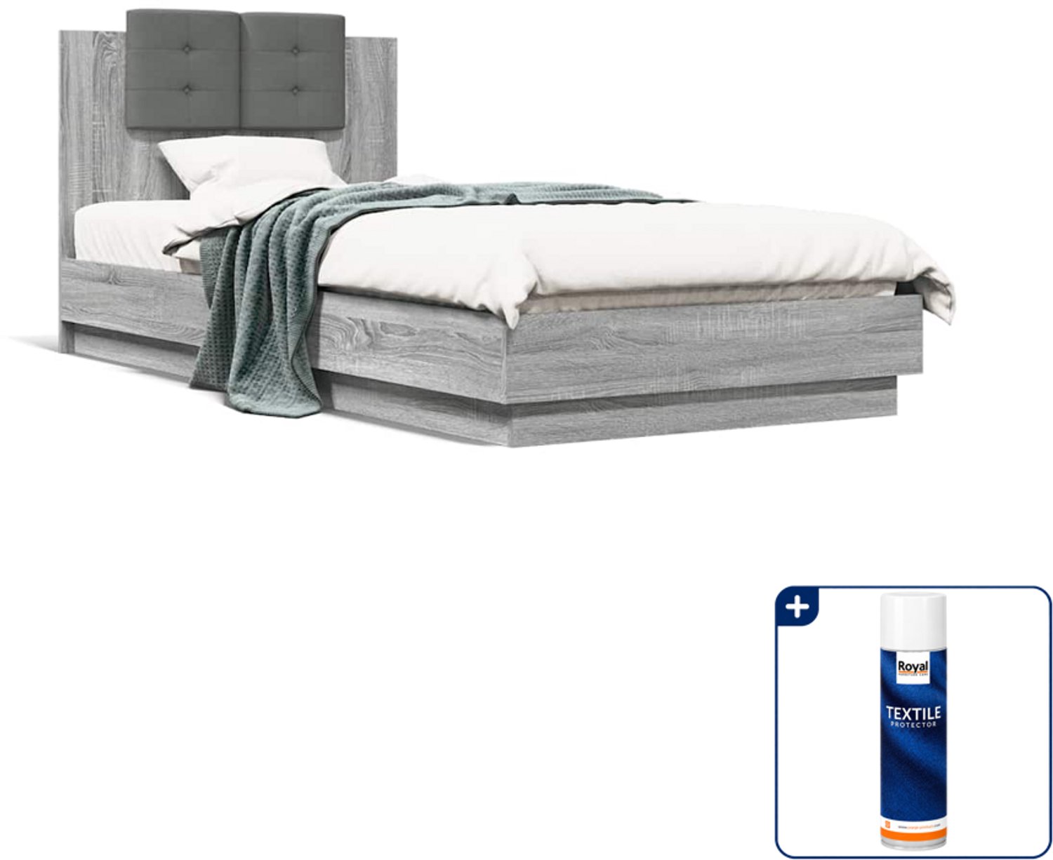 vidaXL bedframe met hoofdeinde - 90 x 200 cm - bewerkt hout - grijs - Inclusief textielbeschermer 500 ml Zwart