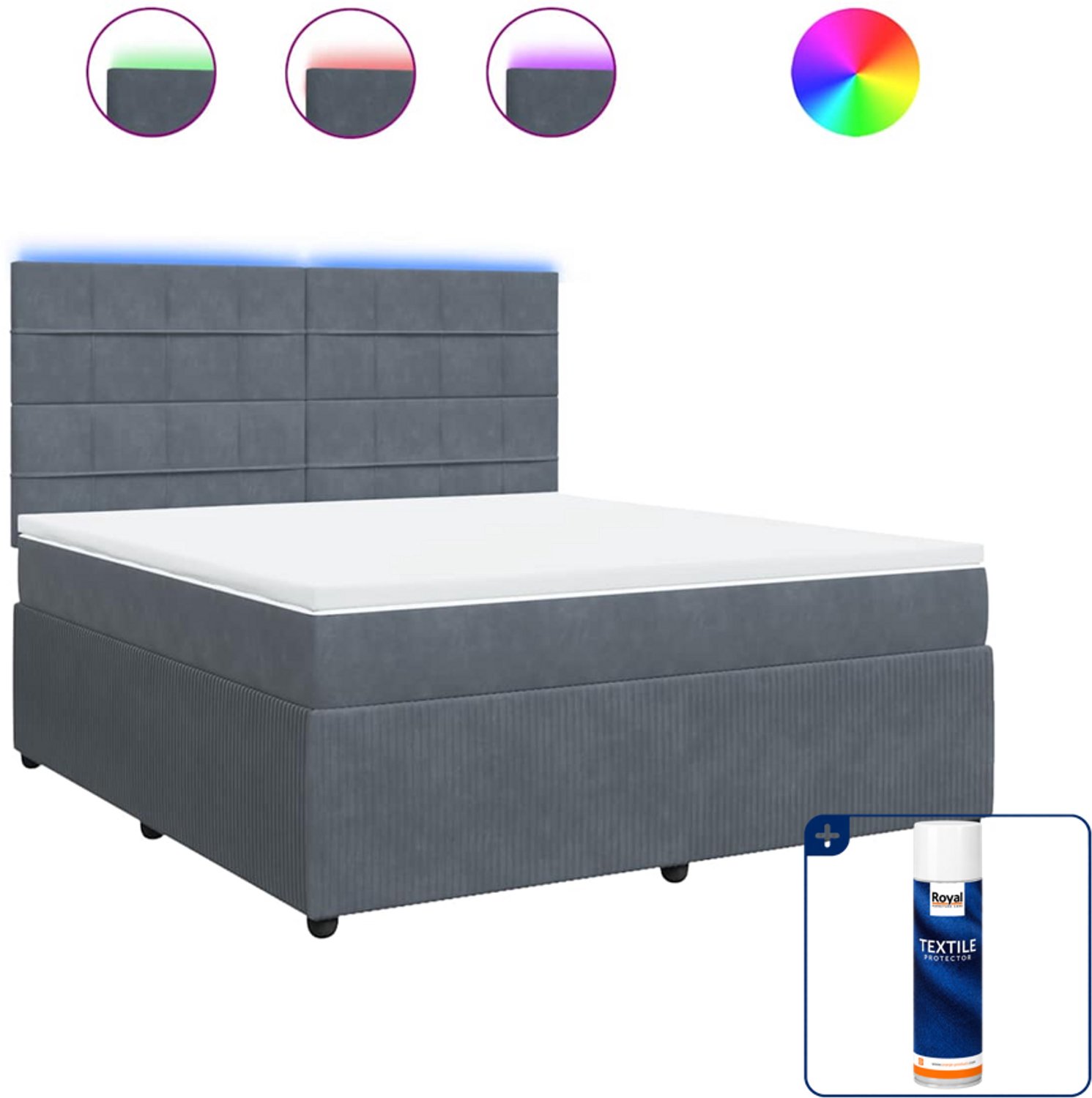 vidaXL boxspring met matras - Kingsize - 180x200 cm - fluweel - donkergrijs - Inclusief textielbeschermer 500 ml Zwart