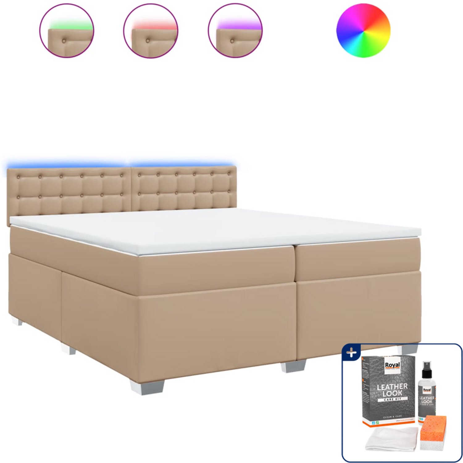 vidaXL boxspring - Super kingsize - 200 x 200 cm - kunstleer - cappuccino - Inclusief onderhoudsset voor kunstleer 150 ml Bruin