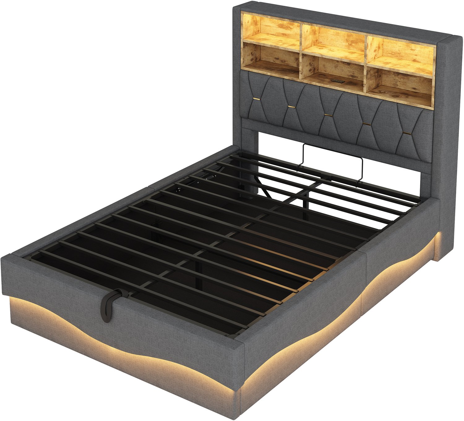 MUVANO Grijs gestoffeerd bed 140x200 - opbergbed met hydraulisch liftsysteem, LED-verlichting via app, USB-aansluiting en metalen lattenbodem