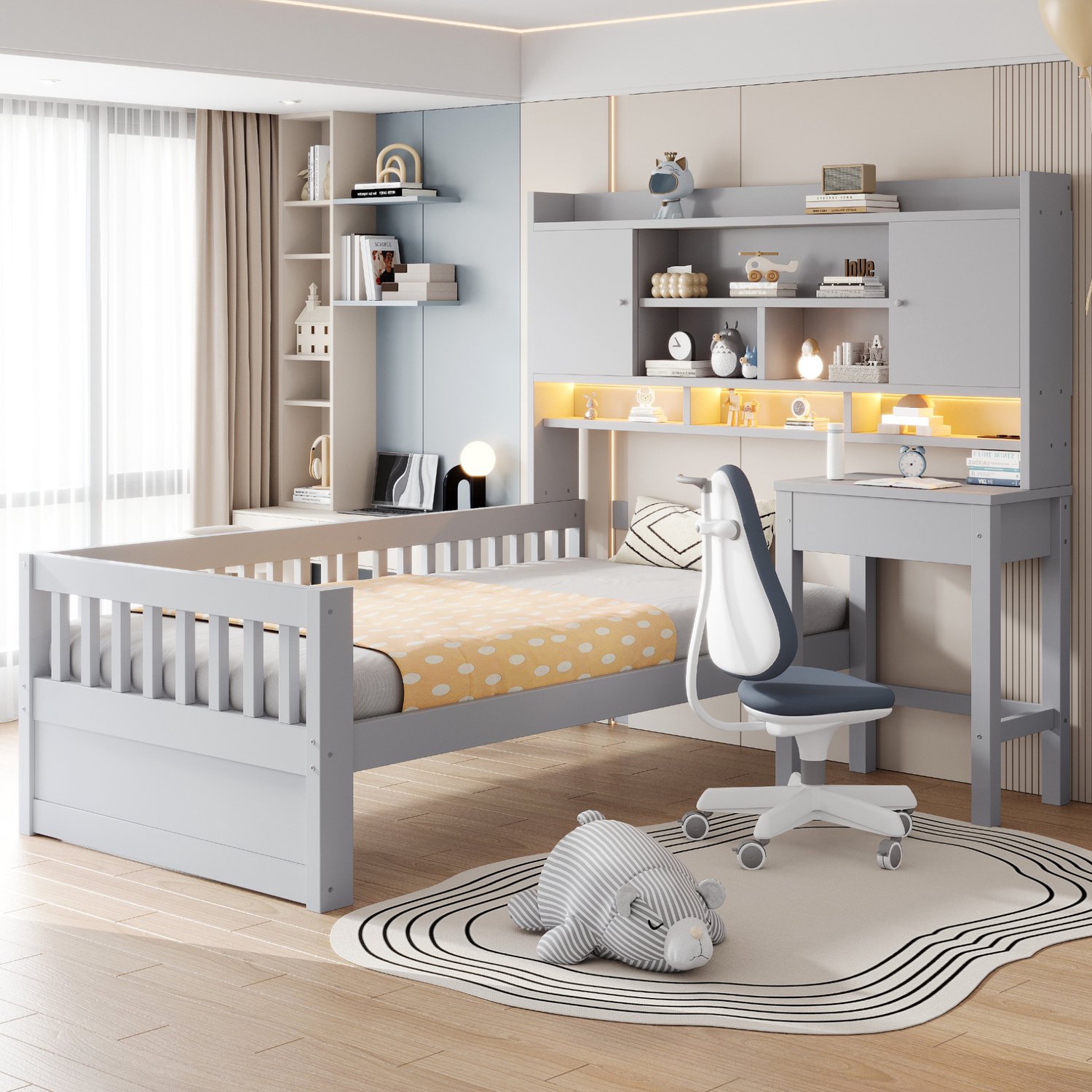 Maisentiel Kinderbed 90 x 200 cm met bureau, opbergruimte en LED-verlichting - grijs