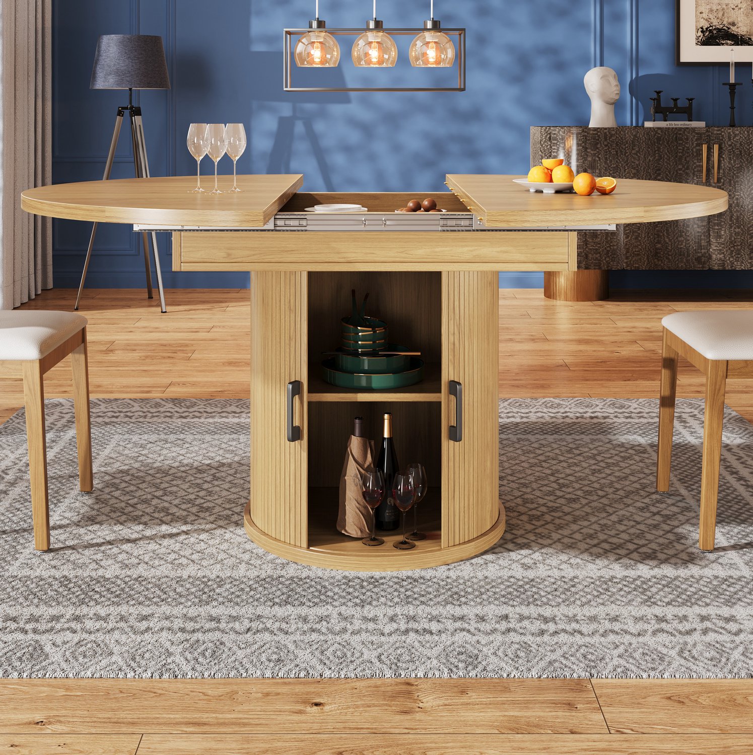 Maisentiel Uitschuifbare ronde eettafel met opbergruimte - 118-158 cm - naturel MDF