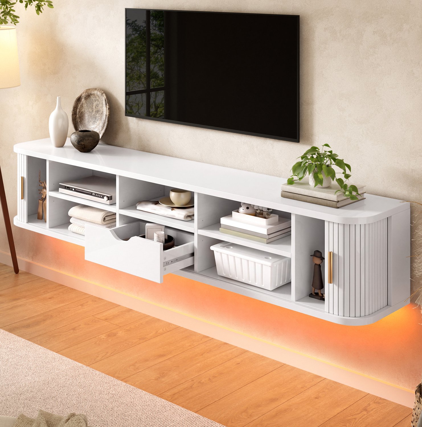 HAUSS SPOLE Wandhangend Tv-Meubel - Schuifdeuren met Lade en Verstelbare Planken - Ledverlichting voor Woonkamer - MDF - 175x30x30 Cm - Wit