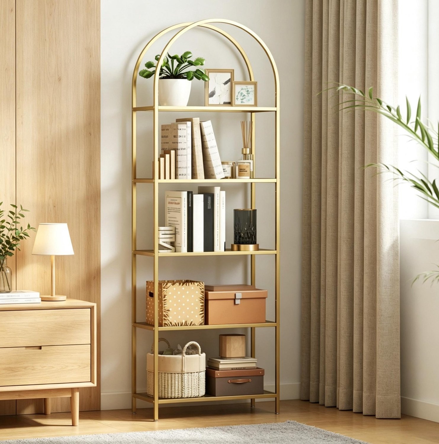 DESMIU Boekenkast - Vijf Glazen Planken en Boogvormige Bovenzijde - Voor Woonkamer en Kantoor - Goudkleurig Staal en Gehard Glas - 60 x 30 x 175 cm