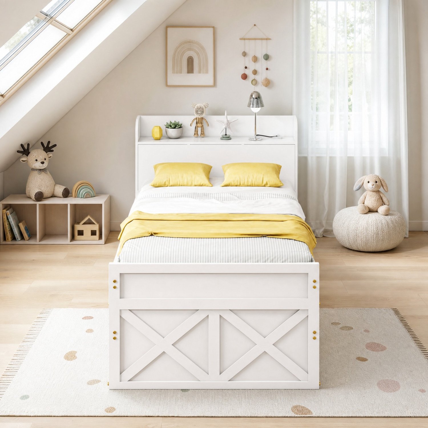 Maisentiel Houten eenpersoonsbed 90 x 190 cm met uitschuifbed, 2 lades en USB-aansluiting - wit