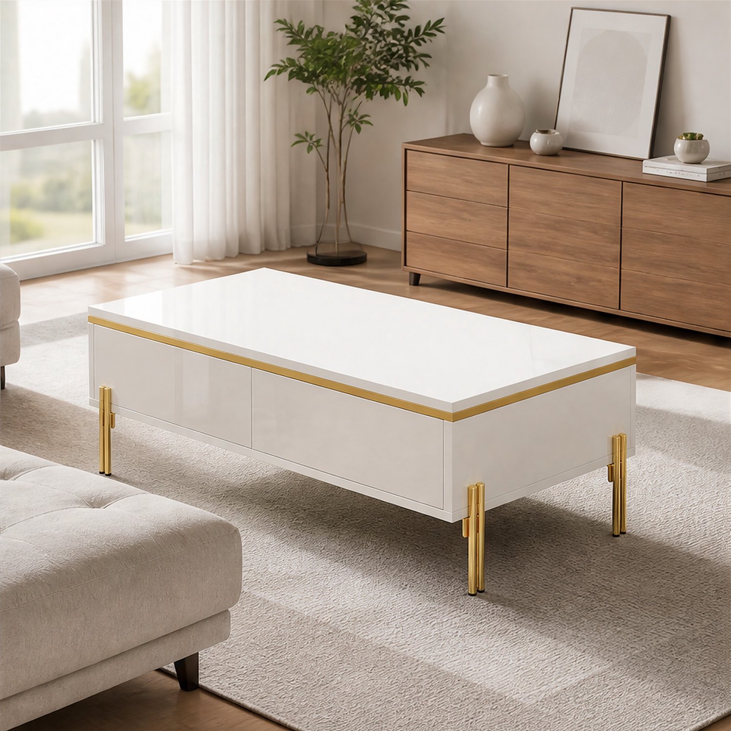 City long dragon LONG DRAGON - Salontafel - 100x50x36 cm wit hoogglans - verborgen lades aan beide zijden en gouden metalen poten