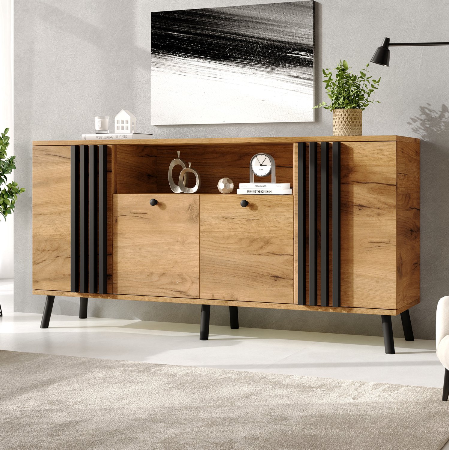 REDOM Dressoir 140x35x71 cm - 4 deuren, opbergvakken en 6 houten poten - Zwart/naturel Naturel houtkleur en zwart