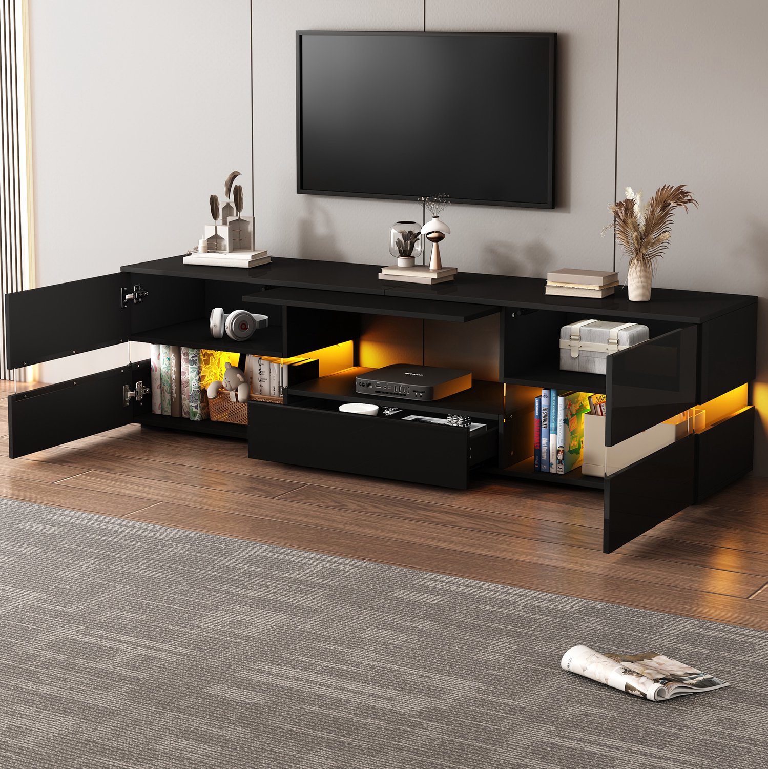 Maisentiel Zwart tv-meubel 160 x 39 x 45 cm met ledverlichting, 2 deuren en lade
