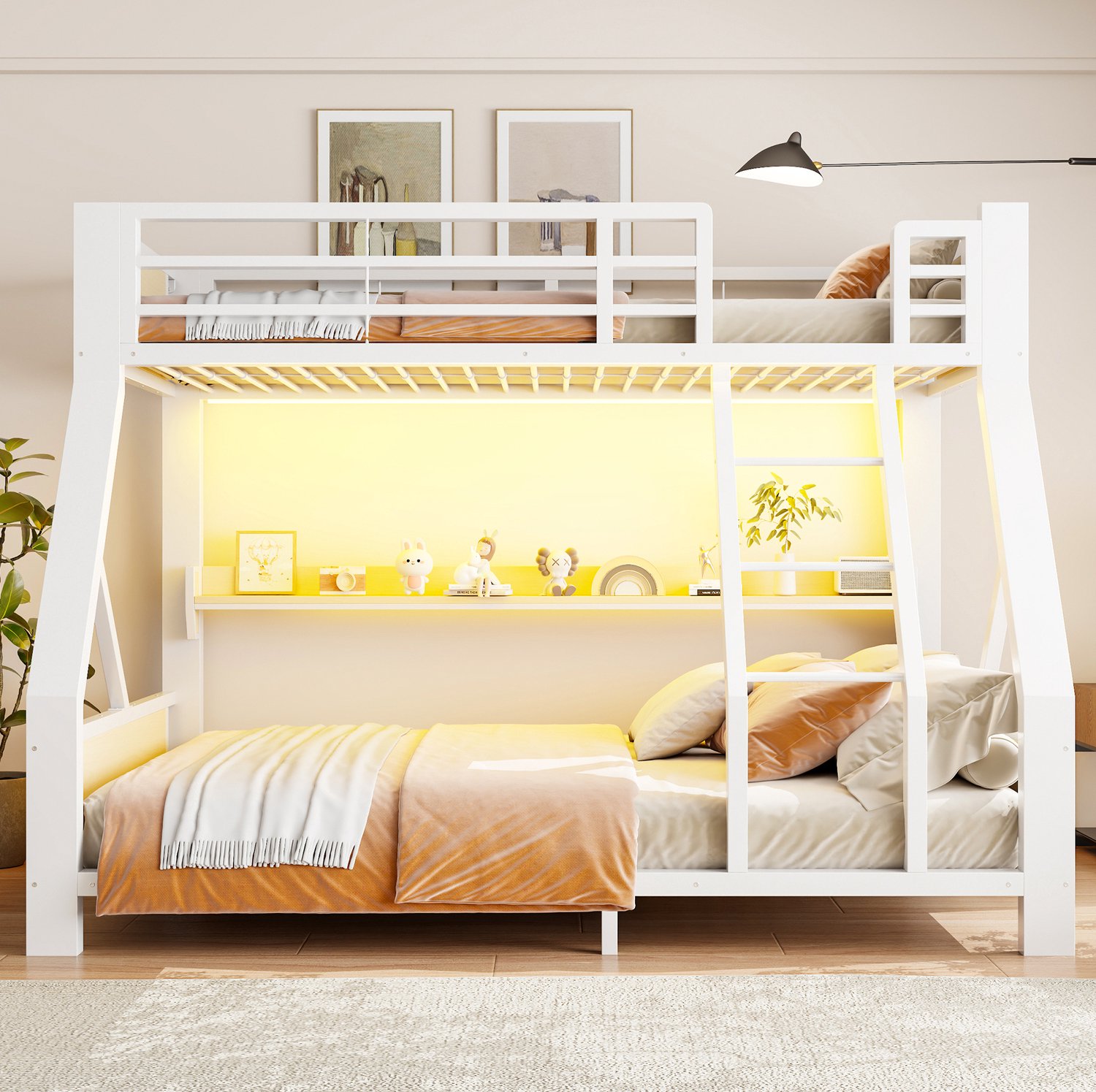 MODFU Stapelbed - 90x200 En 140x200 Cm - Opbergvak En Ledverlichting - Metaal En Hout - Wit