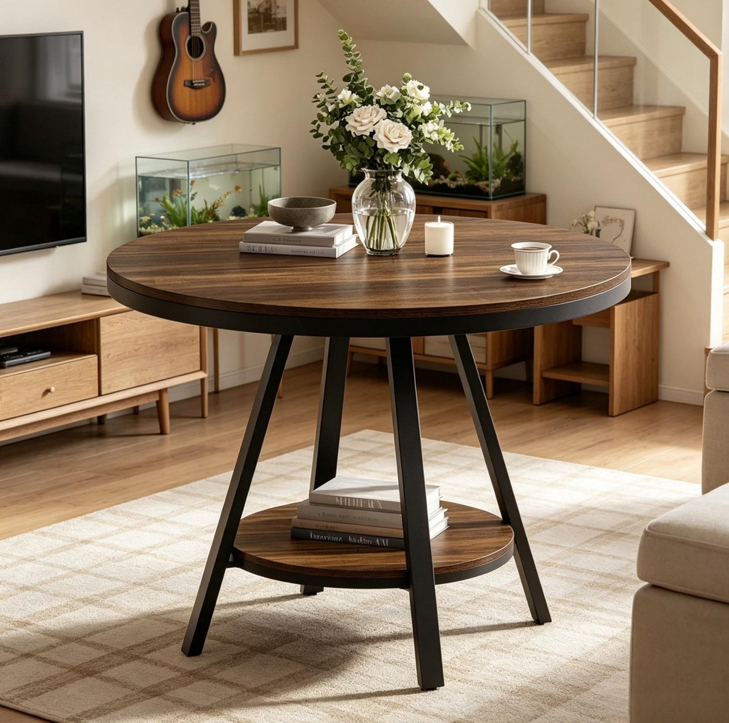 MODENUIT Salontafel - Rond met Legplank - Woonkamer en Eetkamer - MDF en Metaal - Bruin en Zwart - 90x90x75 cm Zwart, rustiek bruin
