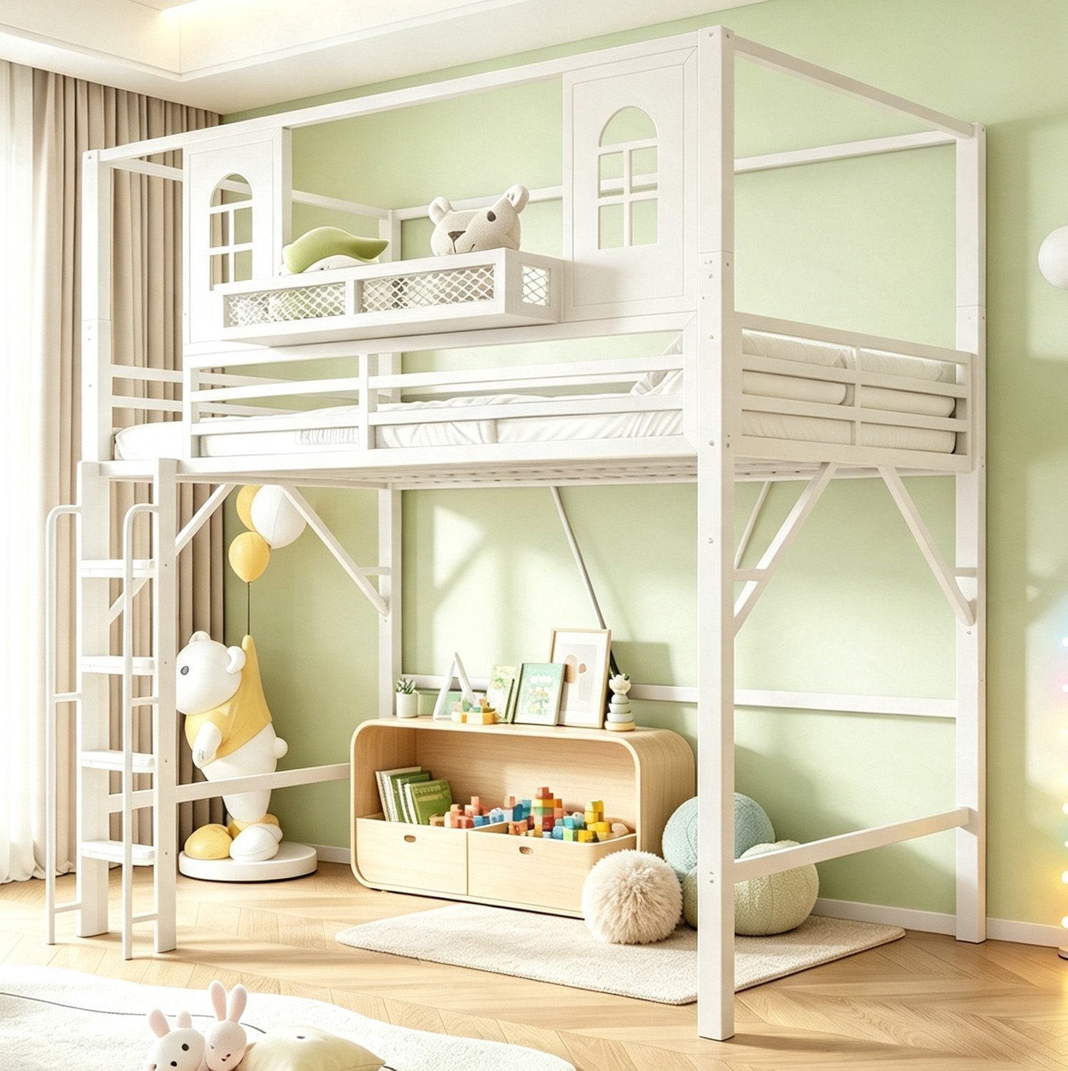MODFU Kinderhoogslaper - Huisvormig Dak - Ladder - Metaal En MDF - Wit - 90 X 200 Cm