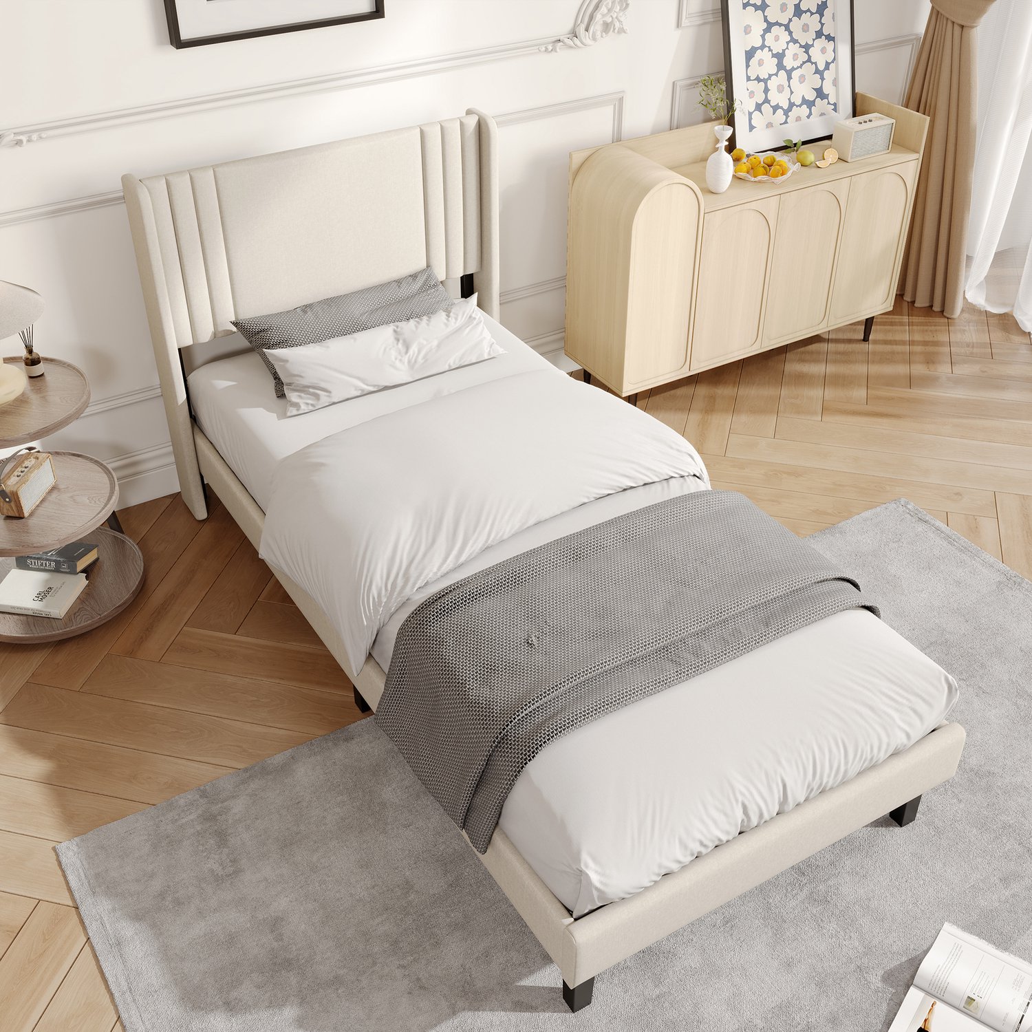 Yelenaro Eenpersoonsbed 90x200 cm, Gestoffeerd bed met Lattenbodem, Bedframe met Hoofdbord, Beige Linnen, Zonder matras