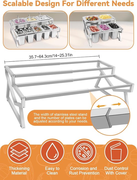 8 Pans Pizza Topping Station - Verstelbare Pizza Opslagcontainer met Deksel voor Sauzen, Jam en Fruit - Perfect voor Restaurants en Buffetten — afbeelding 3