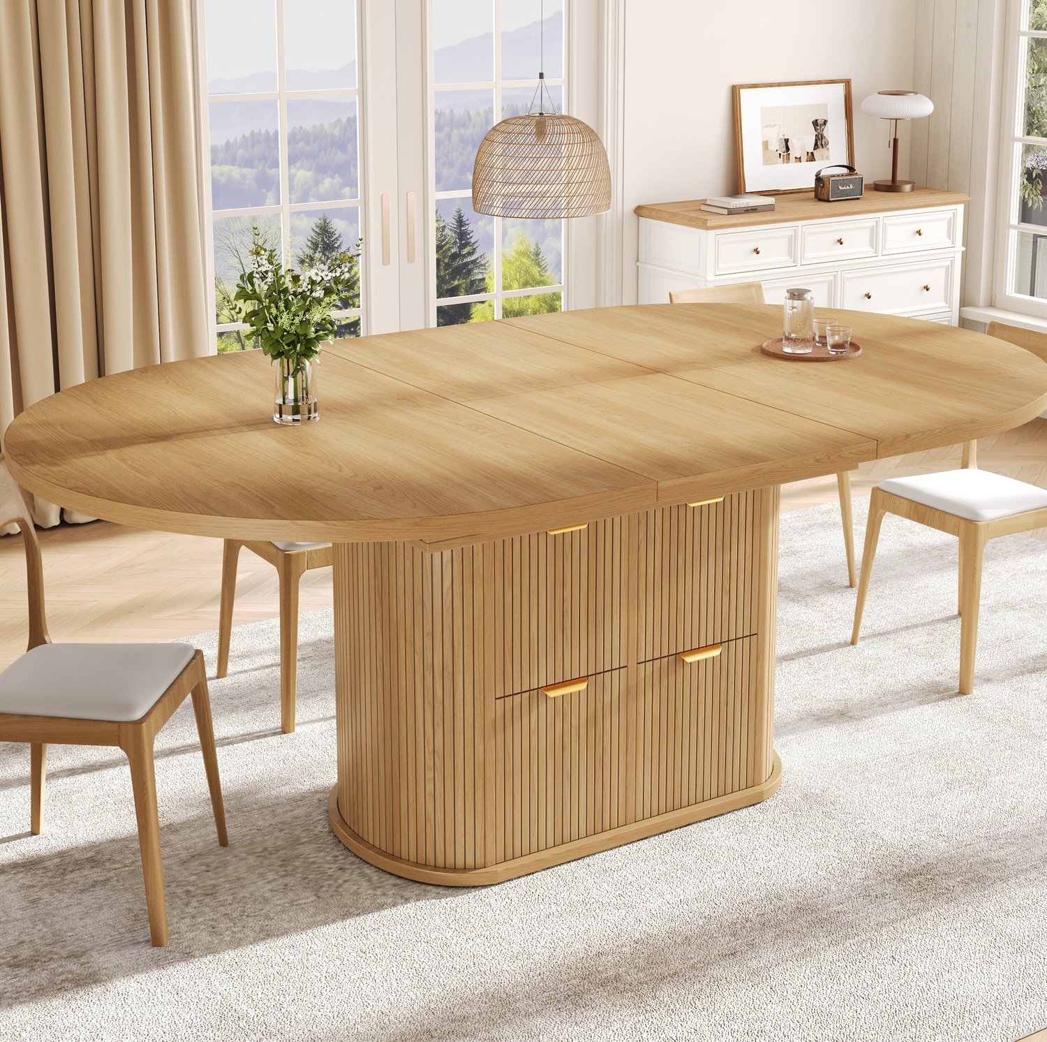 HAUSS SPOLE Ovale Eettafel - Uitschuifbaar Met 2 Lades - Voor 4 Tot 6 Personen - MDF En Metaal - 118/158x118x76,8 Cm - Licht Eiken Lichte eik