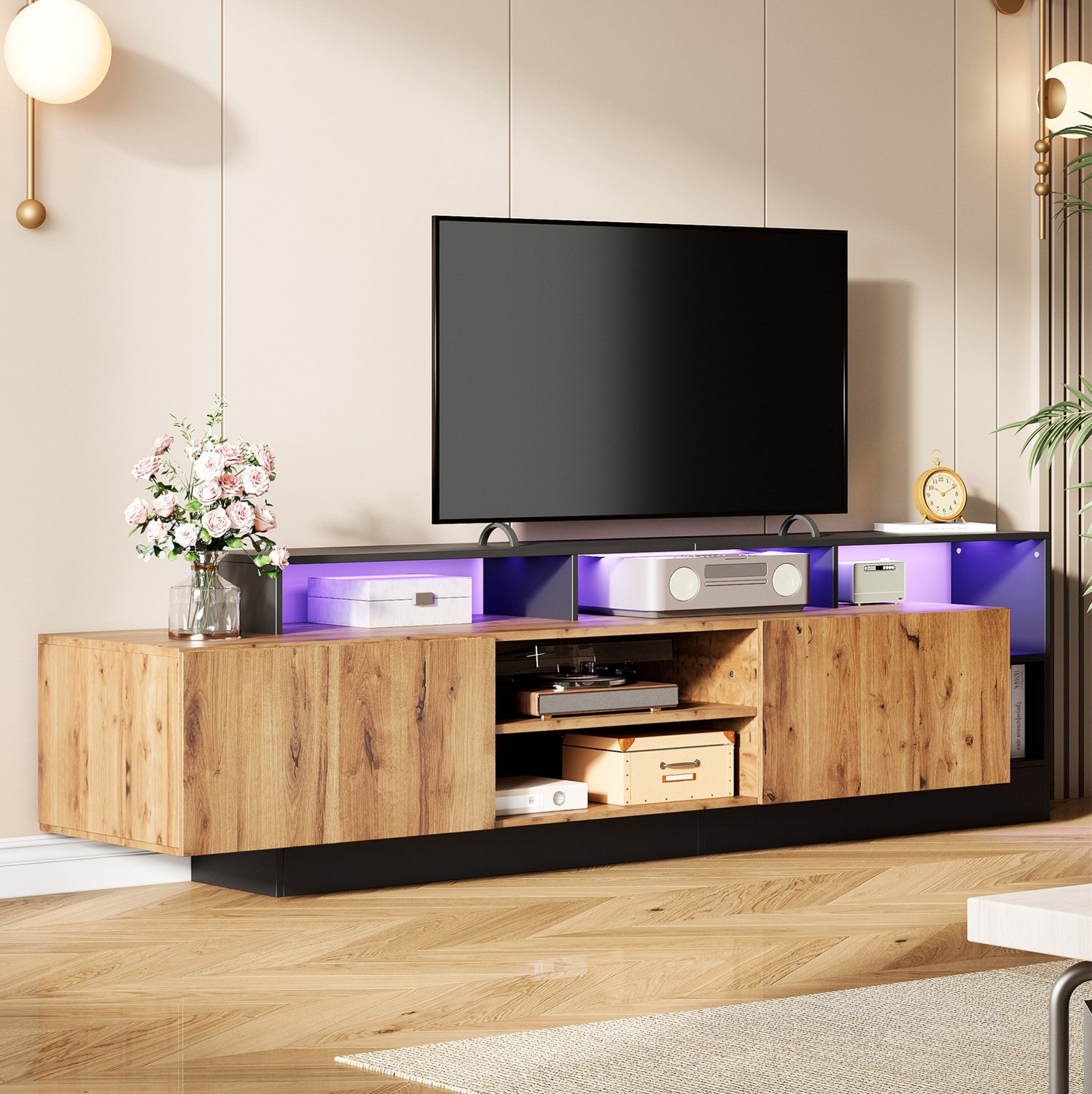 Maisentiel Tv-meubel voor tv's tot 70 inch - 190 cm - ledverlichting - houtkleur en zwart Naturel houtkleur