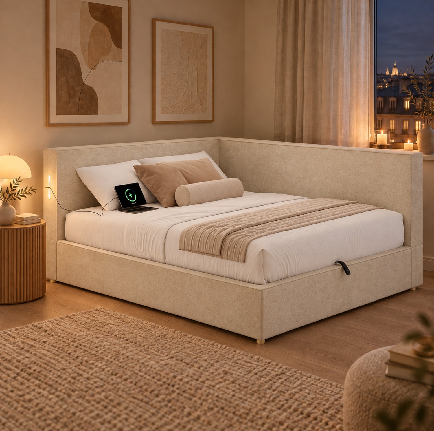 Maisentiel Gestoffeerd opbergbed 140 x 190 cm met lattenbodem, led en USB/USB-C - chenille beige