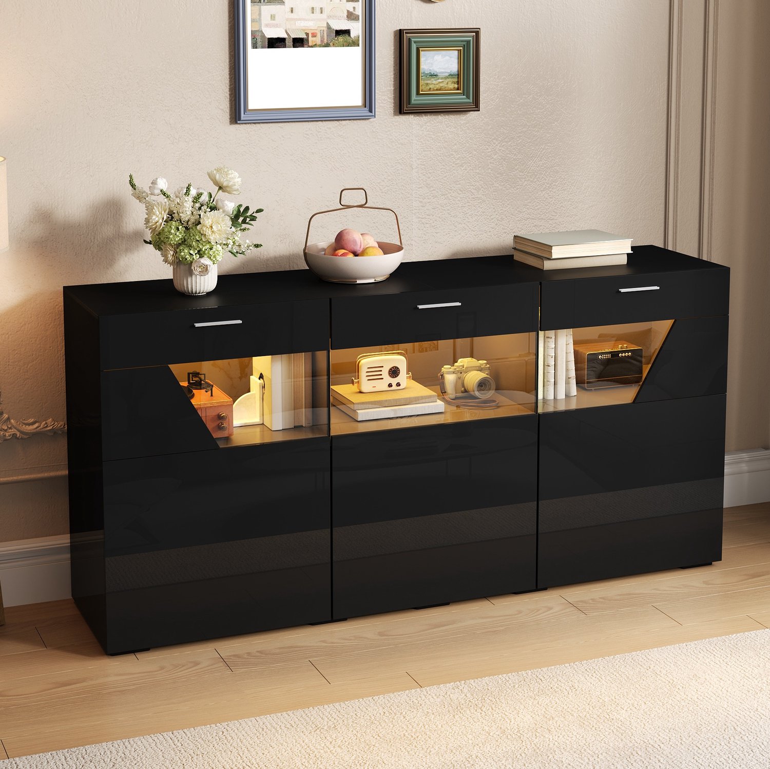 REDOM Dressoir 160x38x78 cm - 3 deuren met trapeziumvormig glasvenster - App-bedienbare LED-verlichting - Hoogglans zwart