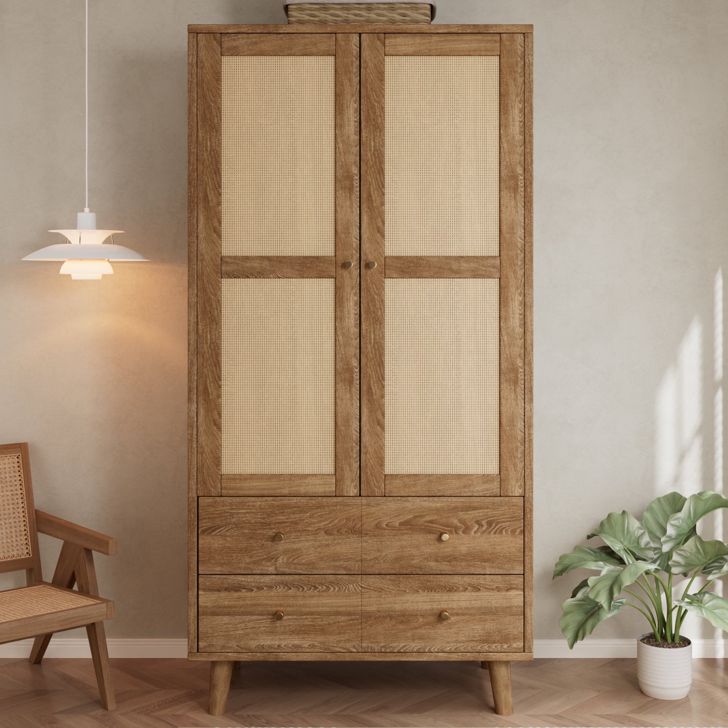 REDOM Kledingkast 80x50x180 cm - Kledingroede, legplanken en 2 lades - Rotanlook - Walnootkleur Bruin