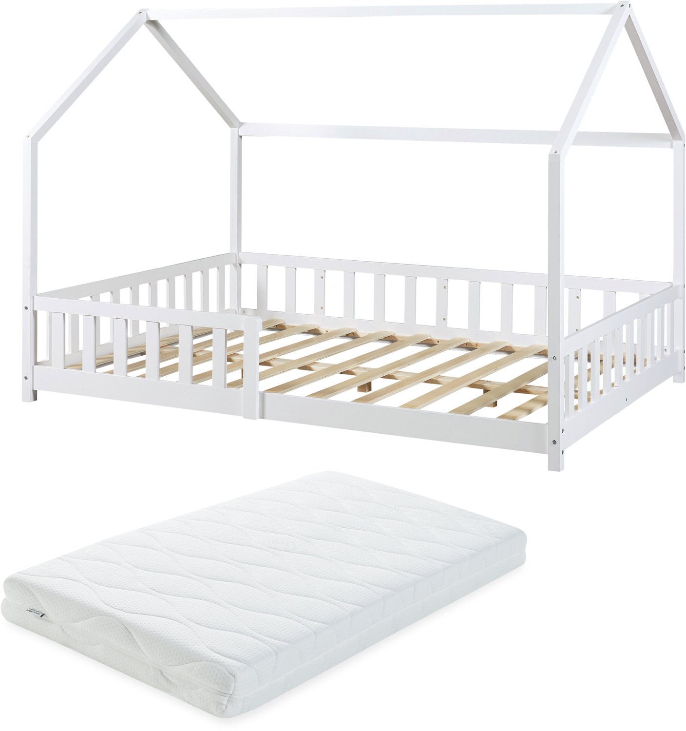 en.casa Montessori bed Hesel met valbeveiliging en matras120x200 cm wit [en.casa]