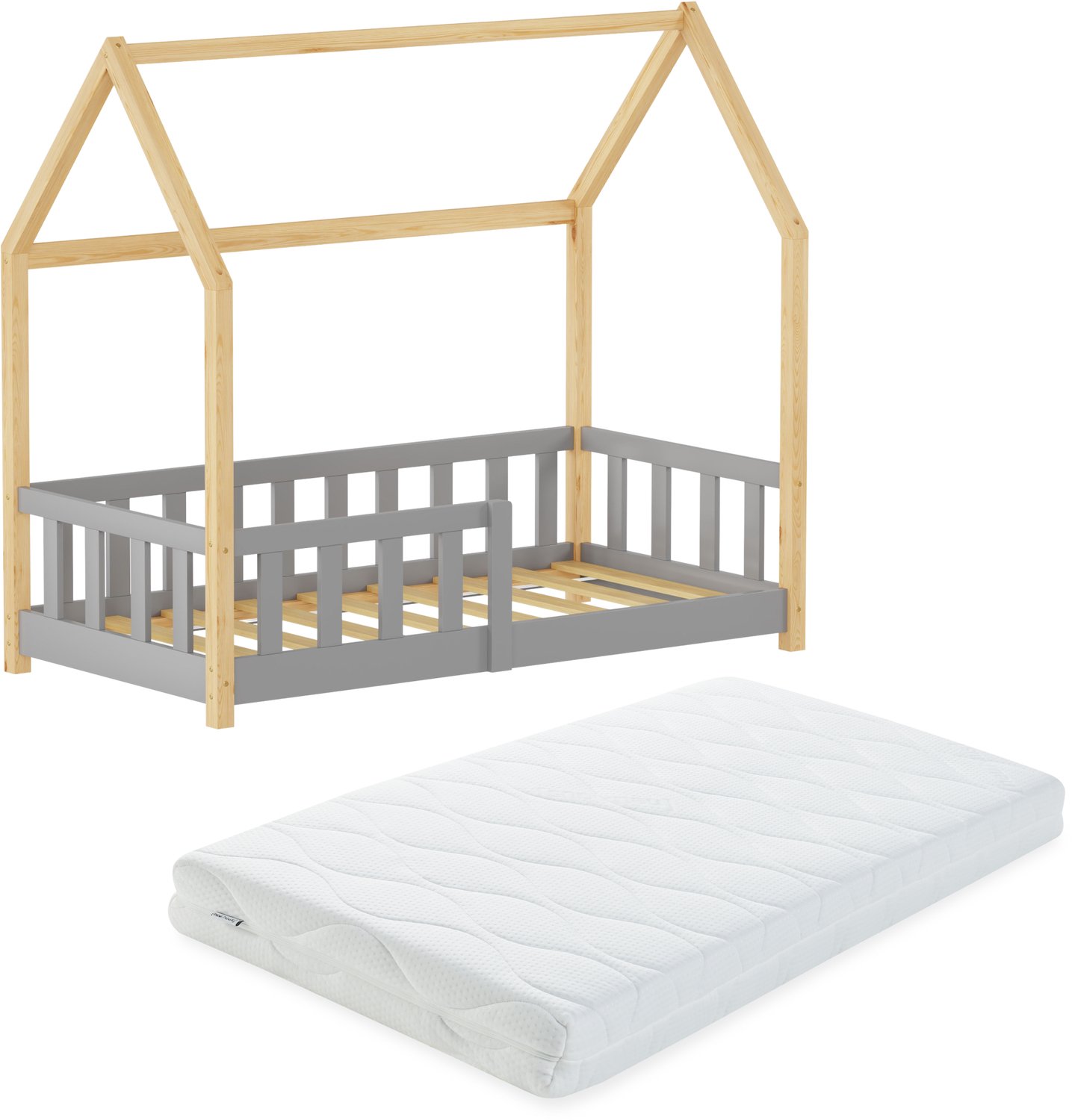 Montessori bed Hesel met valbeveiliging en matras 70x140 cm grijs naturel [en.casa]